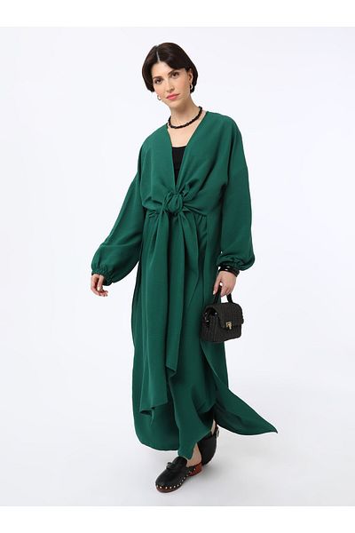 Refka Soft Textured Lacing Detailed Cap Trousers Double Set - Emerald Green - Refka