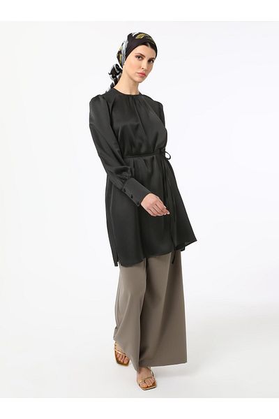 Refka Satin Tunic with Binding Detail - Black - Refka