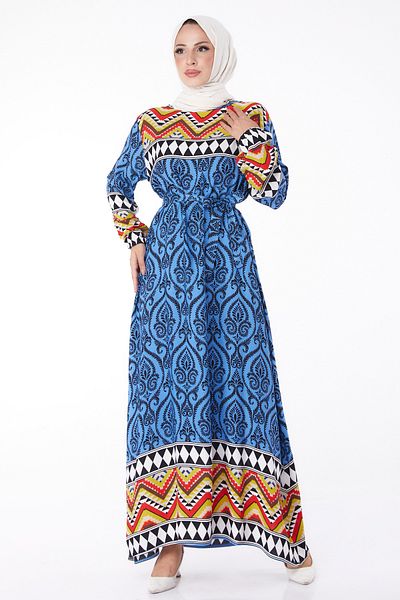 TOFİSA Blue Patterned Women's Dress - Plain Crew Neck - 26233