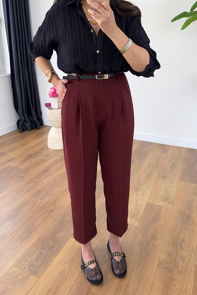 BİRCANÇİL Frons Burgundy Belted Cap Pocket Carrot Pants