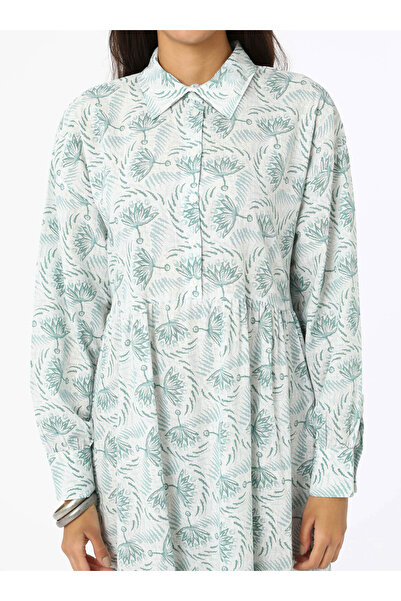 Benin Floral Desenli Pamuklu Tesettür Elbise - Mint - Benin
