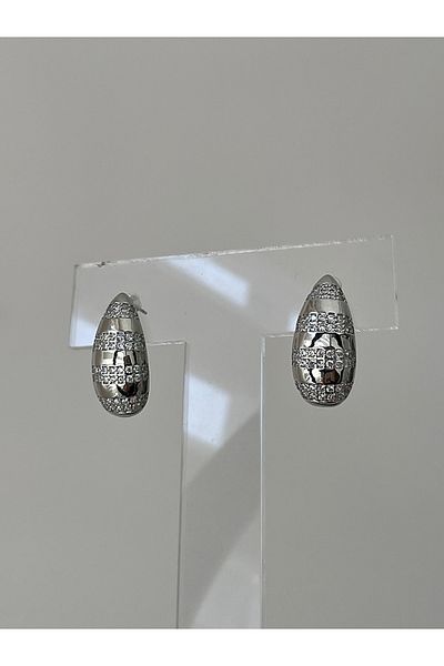 JELLY Women's Steel Silver Colored Zircon Stone Detailed Stripe Patterned Oval Model Bottega Earrings