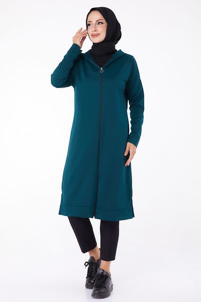 TOFİSA Plain Hooded Women's Green Zipper Cap - 13299