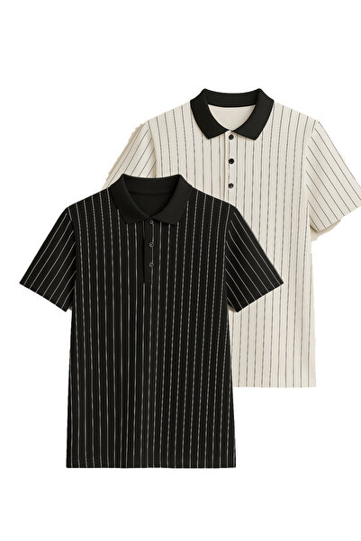 FATELLA Ανδρικό μπλουζάκι με 2 κουμπιά στο γιακά, με κάθετη γραμμή και μοτίβο...