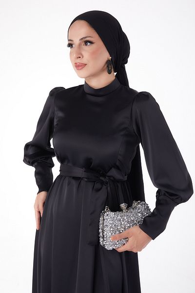 TOFİSA Belted Evening Dress Black - 26145