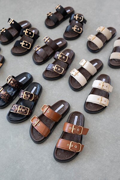 STRASWANS Дамски ежедневни удобни кожени чехли Gita с катарама, кафяви