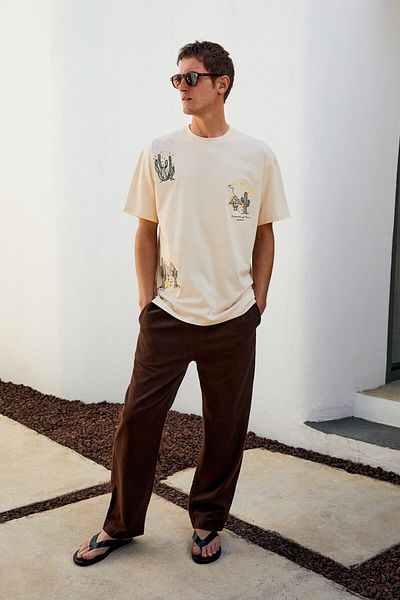 GRIMELANGE Boliche Men's Crew Neck 100% Organic Cotton Oversize Fit Light Beige T-Shirt