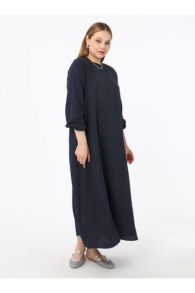 ALİA Large Size Basic Aerobin Dress with Elastic Sleeves - Navy Blue - Alia