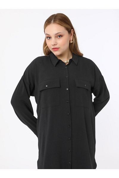 ALİA Large Size Pocket Detailed Buttoned Tunic&Pants Double Aerobin Suit - Black - Alia