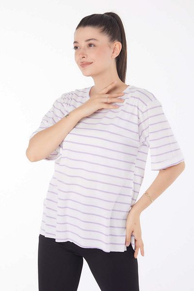 TOFİSA Striped Short Sleeve T-Shirt White Lilac - 25840
