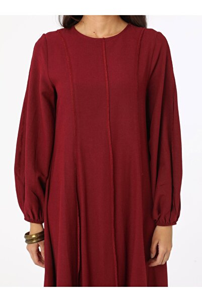 Benin Linen Blended Hijab Dress with Stitching Detail - Burgundy - Benin