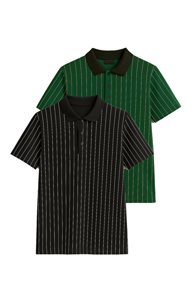 FATELLA Ανδρικό μπλουζάκι με 2 κουμπιά στο γιακά, με κάθετη γραμμή και μοτίβο...