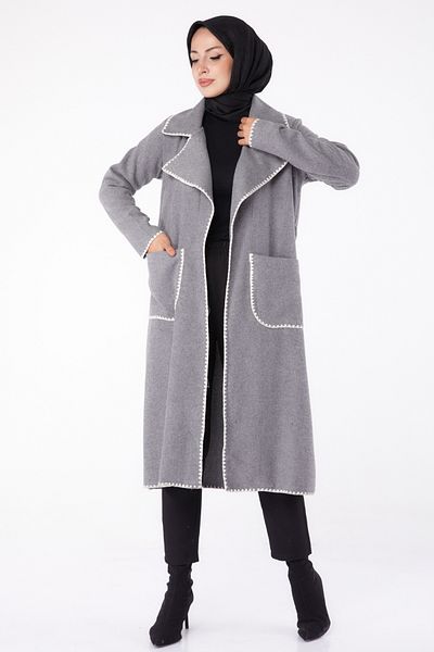 TOFİSA Embroidery Detailed Coat Gray - 13284