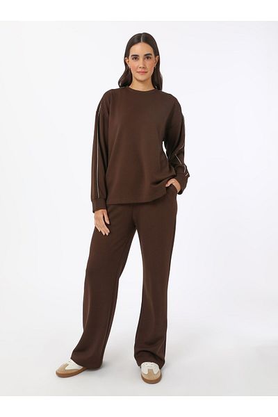 Refka Modal Tracksuit Set with Shiny Stripe - Brown - Refka