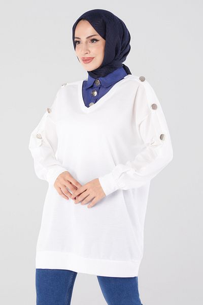 TOFİSA Denim Detailed Sweatshirt Ecru - 13298