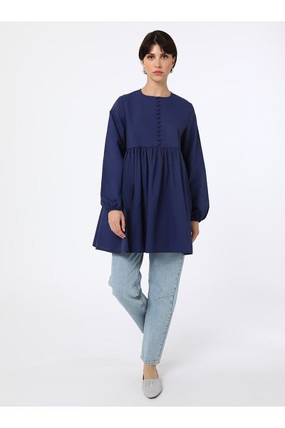 Benin Buttoned Tunic with Shirring Detail - Navy Blue - Benin