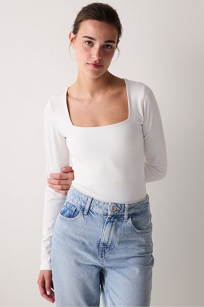 Penti Body slim cu mânecă lungă cu guler pătrat alb