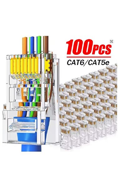 Derwell Yeni Nesil Rj45 Cat5 Cat6 Ethernet Internet Kablo Soketi Konnektör Delikli 8p8c Jack Utp Uç 100 Adet