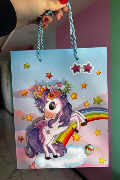 TAKIŞTIR Blue Color Unicorn Figured 3D Look Cardboard Bag