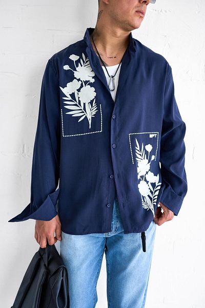 ablukaonline Ανδρικό πουκάμισο με υφή με στάμπα Oversize Casual Navy Blue
