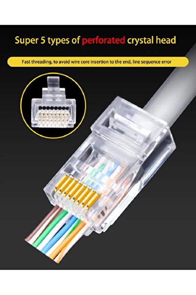 Derwell Yeni Nesil Rj45 Cat5 Cat6 Ethernet Internet Kablo Soketi Konnektör Delikli 8p8c Jack Utp Uç 100 Adet