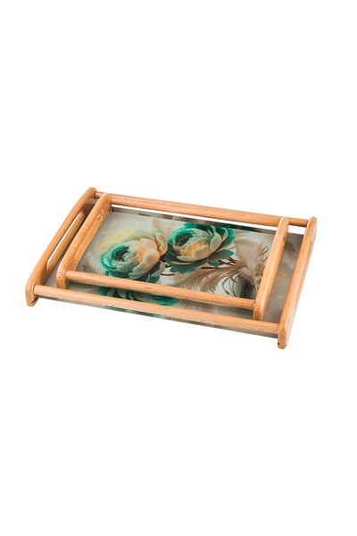 Dania A set of 2 wooden and glass plates and trays with elegant artistic drawings and colors. The medium size is 33*24 cm and the large size is 42*30 cm.