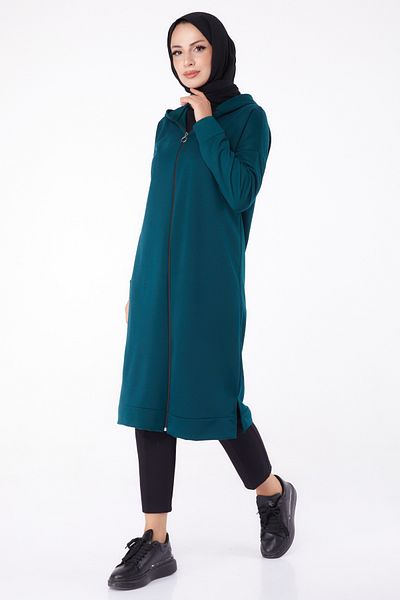 TOFİSA Plain Hooded Women's Green Zipper Cap - 13299