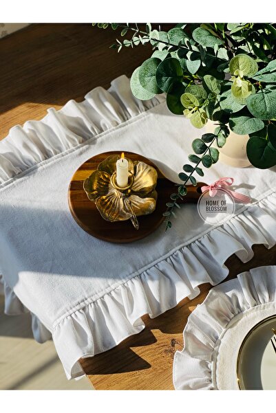 HOME OF BLOSSOM 40X110cm Beyaz Keten Fırfırlı Runner~1 adet