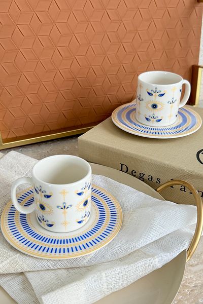 porselenden Blue Eye Premium Porcelain 4 Piece Coffee Cup Set for 2 People 90 ml Gold Evil Eye Special Design