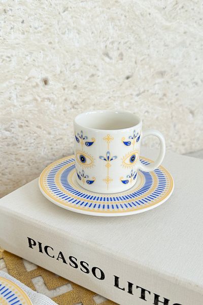 porselenden Blue Eye Premium Porcelain 4 Piece Coffee Cup Set for 2 People 90 ml Gold Evil Eye Special Design