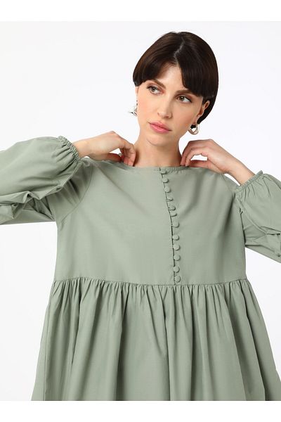 Benin Gathered Waist Button Detailed Tunic - Light Mint - Benin
