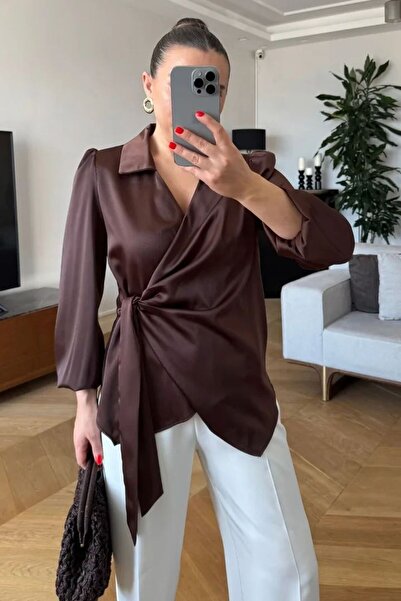 Haticepalas Double Breasted Collar Tie Satin Blouse