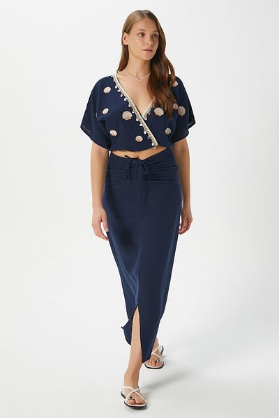 Ritnice Women's Nara Muslin Navy Blue Oyster Embroidered Blouse Skirt Bottom Top Set
