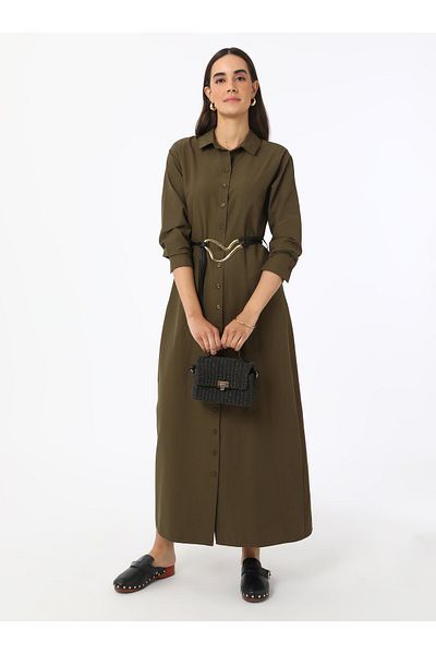 Refka Φόρεμα Hijab με λεπτομέρεια με κουμπιά Poplin - Khaki - Refka