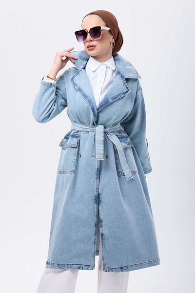 TOFİSA 23624-ICE-BLUE-BLUE Trench din denim cu buzunare laterale cu curea