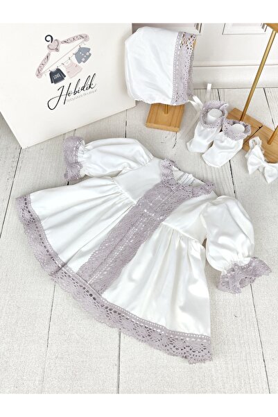 Hobidik Bebek Çocuk Kırık Beyaz Saten Mor Önden Dantelli Elbise Set