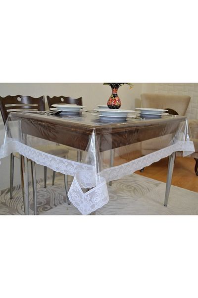 cs ilkim Transparent PVC Tablecloth with White Laces