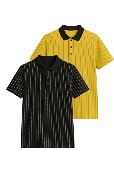 FATELLA Ανδρικό μπλουζάκι με 2 κουμπιά στο γιακά, με κάθετη γραμμή και μοτίβο...