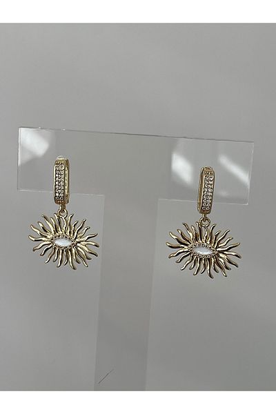JELLY Women's Steel Gold Colored Zircon Stone Evil Eye and Sun Figured Women's Dangle Earrings