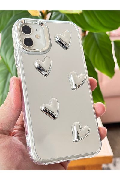 Fibaks حافظة متوافقة مع هاتف iPhone 11، غطاء سيليكون ممتص للصدمات بنمط قلب ثلاثي الأبعاد فضي عاكس