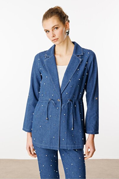 Moda İlgi Modailgi Mono Yaka Tek Düğme Önü İnci İşleme Beli Tünel Bağcık Detaylı İkili Tunik Mavi