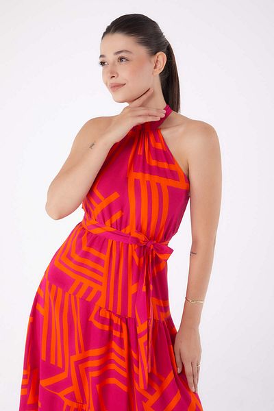 TOFİSA Patterned Raglan Sleeve Dress Fusya - 13265