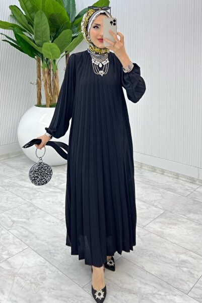Safgiyim44 Kadın Giyim Piliseli Kemerli Elbise Siyah