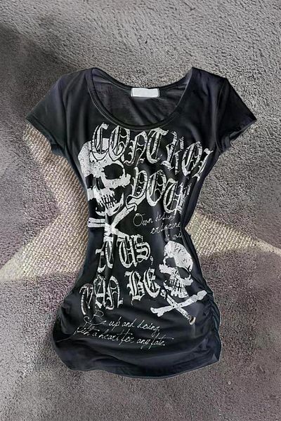 Karakedi Μαύρο Gothic Skulls Control Φαρδύ γιακά Y2K κοντομάνικο Crop