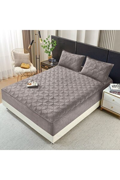 OEM Bed cover and 2 pillowcases, Quilted Topper, Velvet, 160x200cm, Dark Grey