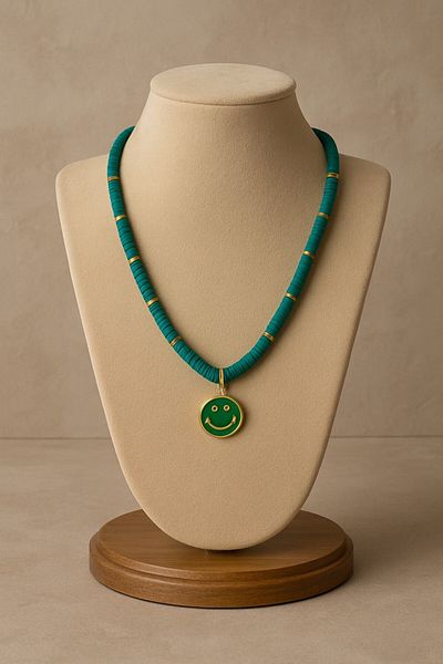 Fun Life Turquoise - Green Fimo Bead Necklace Set – Smiley Face Smiley