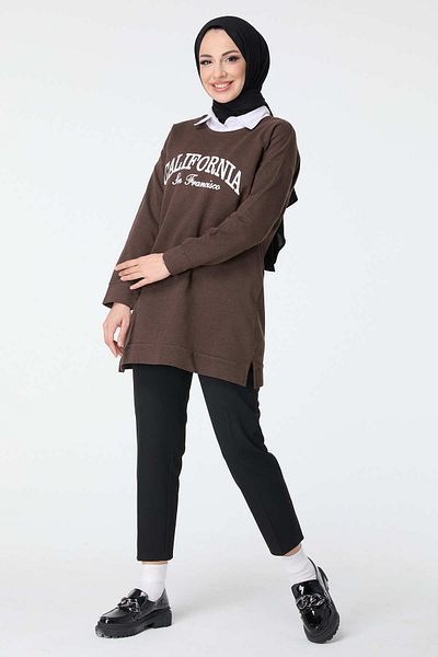 TOFİSA Women's Brown Plain Crew Neck Sweat - 23467