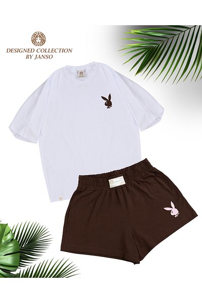 JANSO GROUP Women's Rabbit Printed Tshirt-Shorts Set 2-Piece Oversize Large Size Cotton