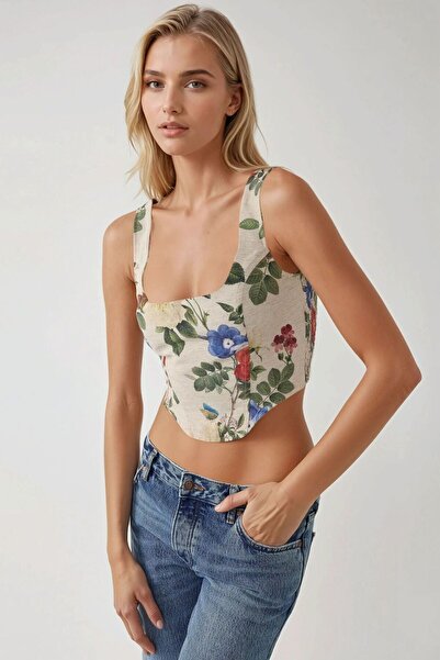 Hiccup Square Neck Floral Patterned Gimped Crop Top
