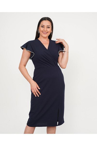 Butik Nilyam Women's Plus Size Double Breasted Collar Sleeve Stone Detailed Slit Midi Evening Dress 24771